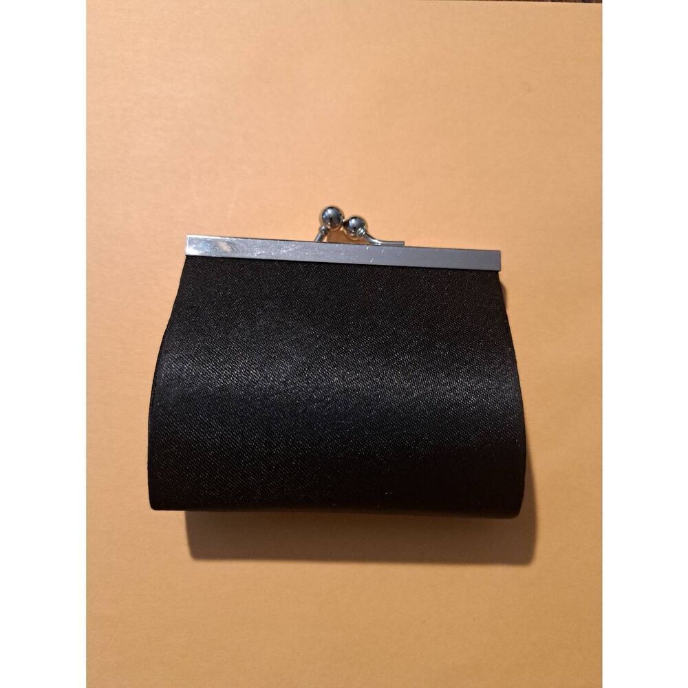 Vintage Black Silky Snap Change Purse Silver Tone Trim 3.5x3.5 Polyester